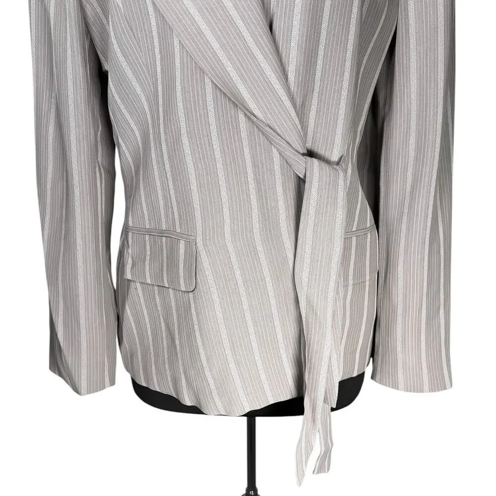 Vintage Christian Dior Womens 14 Gray Pinstripe Wrap Blazer Tie Waist Jacket USA